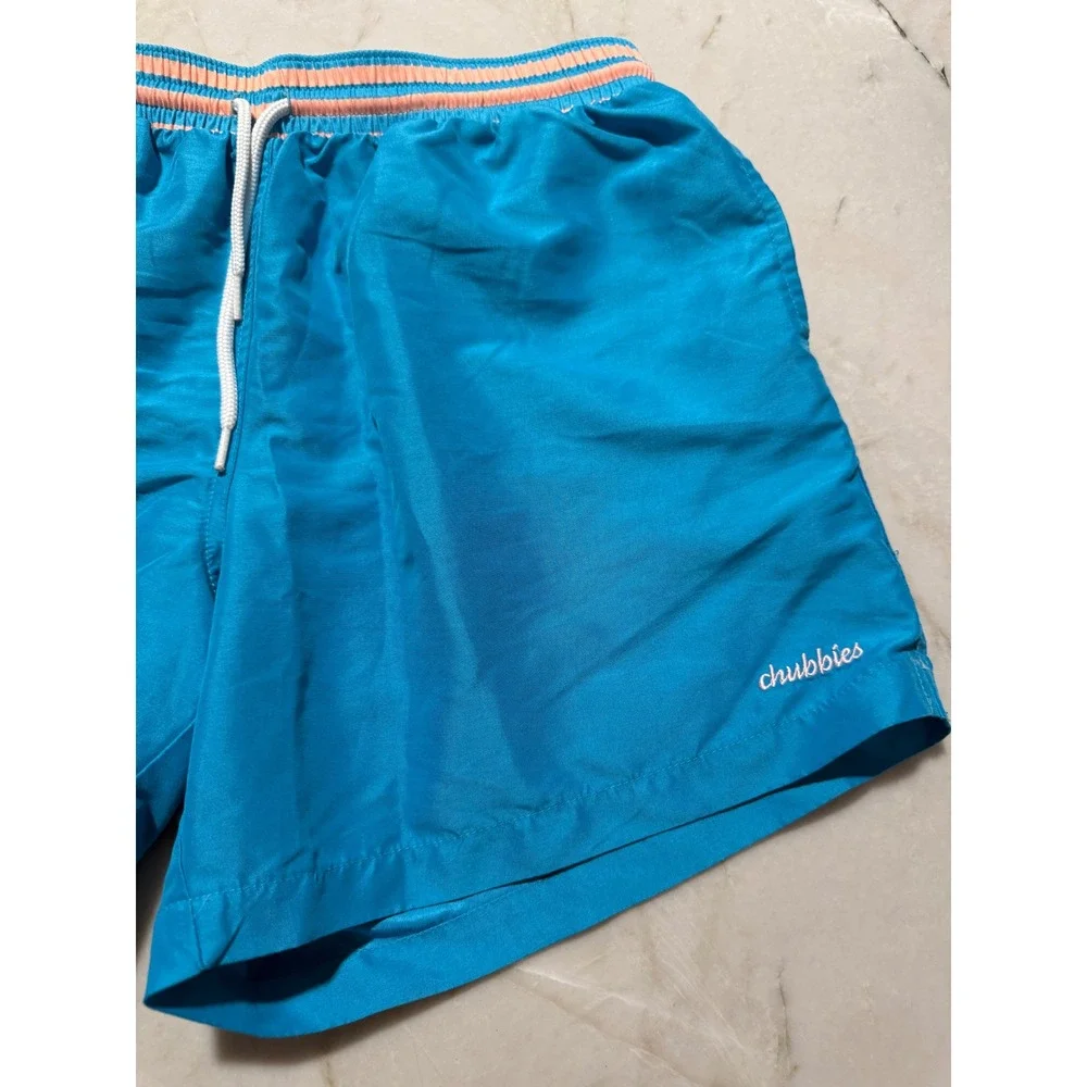 Chubbies Mens Swim Trunks Aqua Blue Pink Striped Waistband Mesh Lined Large